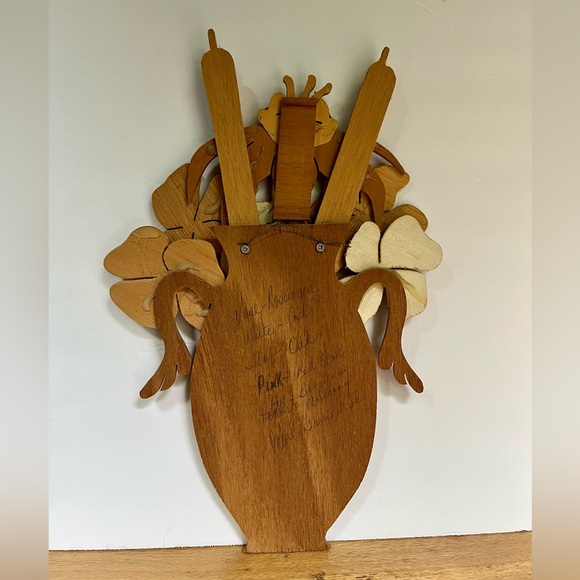 VTG Mixed Wood Handcrafted 70s Wall Art Flowers Cattails Boho Decor Mahogany - Picture 5 of 6